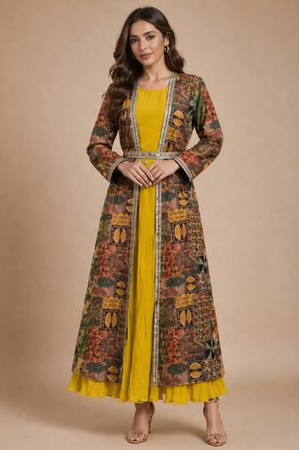 Latest designer ethnic wear yellow dress with long printed jacket for women