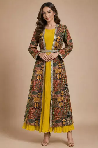 Latest designer ethnic wear yellow dress with long printed jacket for women