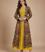 Latest designer ethnic wear yellow dress with long printed jacket for women