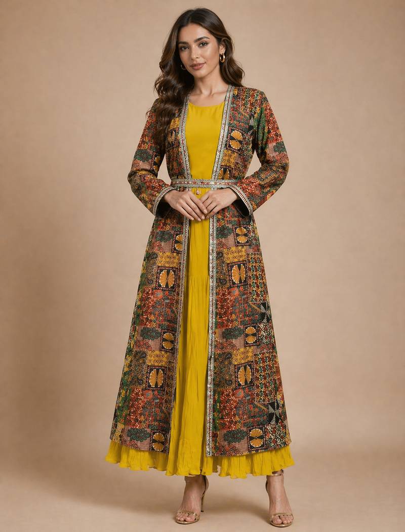 Latest designer ethnic wear yellow dress with long printed jacket for women