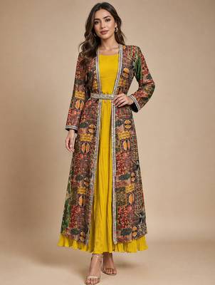 Latest designer ethnic wear yellow dress with long printed jacket for women 2