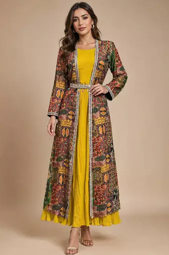 Latest designer ethnic wear yellow dress with long printed jacket for women
