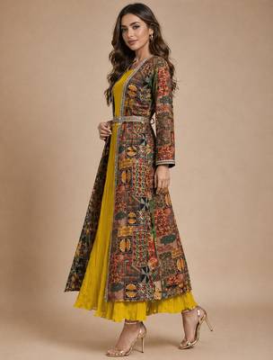 Latest designer ethnic wear yellow dress with long printed jacket for women 3