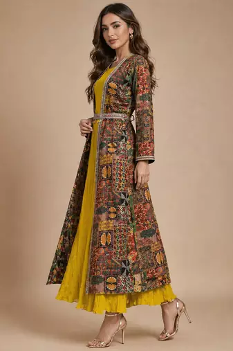 Latest designer ethnic wear yellow dress with long printed jacket for women