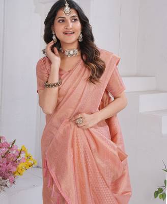 Peach Pure Kanjeevaram Silk Rose Floral Woven Zari Design Saree With Blouse 2