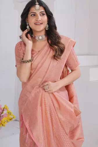 Peach Pure Kanjeevaram Silk Rose Floral Woven Zari Design Saree With Blouse