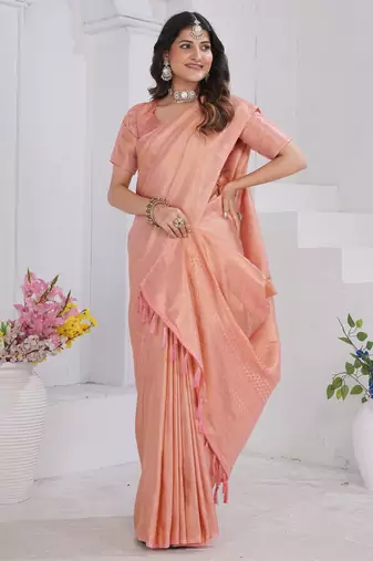 Peach Pure Kanjeevaram Silk Rose Floral Woven Zari Design Saree With Blouse
