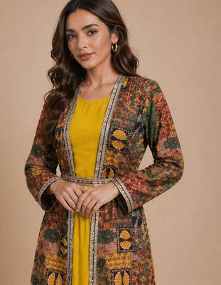 Latest designer ethnic wear yellow dress with long printed jacket for women 4