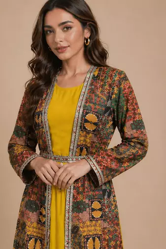 Latest designer ethnic wear yellow dress with long printed jacket for women