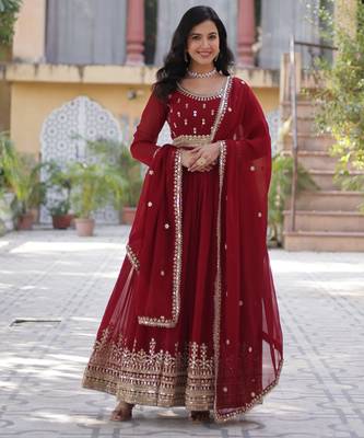 Maroon faux blooming embroidered anarkali set with dupatta 1