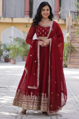 Maroon faux blooming embroidered anarkali set with dupatta