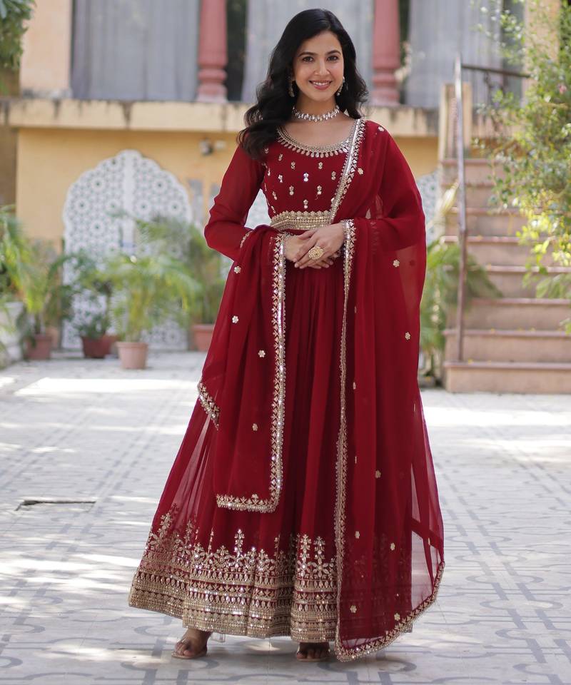 Maroon faux blooming embroidered anarkali set with dupatta
