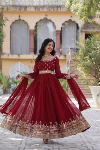 Maroon faux blooming embroidered anarkali set with dupatta