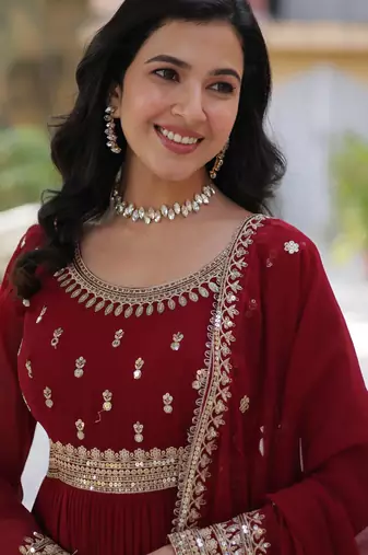 Maroon faux blooming embroidered anarkali set with dupatta