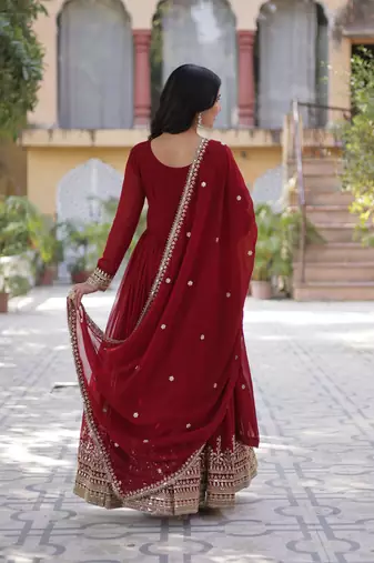 Maroon faux blooming embroidered anarkali set with dupatta