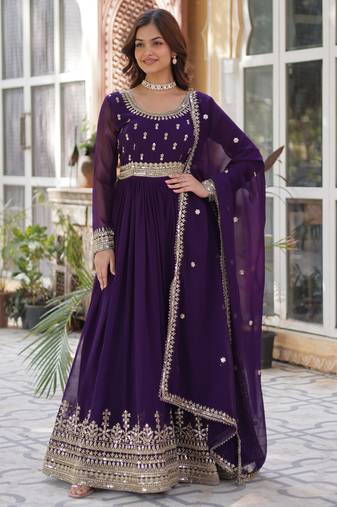 Purple faux blooming embroidered anarkali set with dupatta