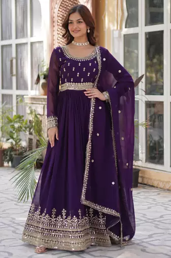 Purple faux blooming embroidered anarkali set with dupatta