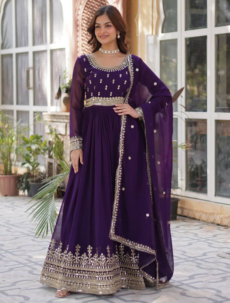 Purple faux blooming embroidered anarkali set with dupatta