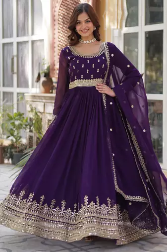 Purple faux blooming embroidered anarkali set with dupatta