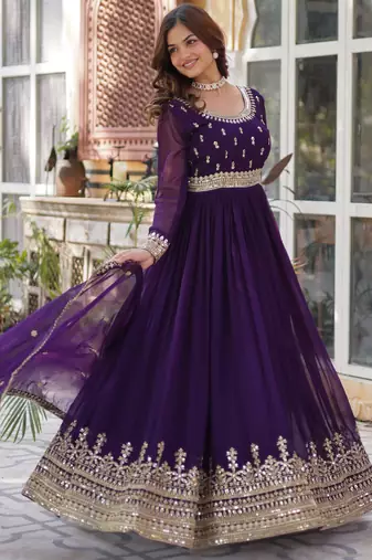 Purple faux blooming embroidered anarkali set with dupatta