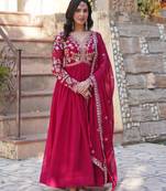 Pink faux blooming embroidered anarkali set with dupatta