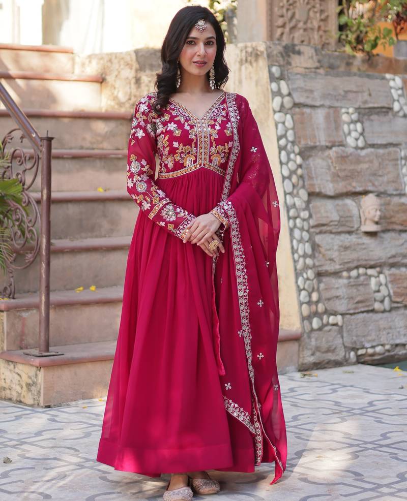 Pink faux blooming embroidered anarkali set with dupatta