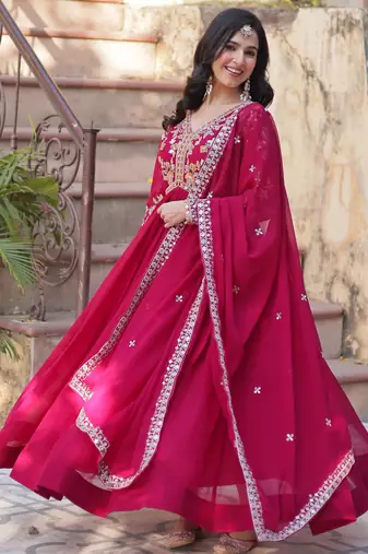 Pink faux blooming embroidered anarkali set with dupatta