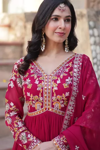 Pink faux blooming embroidered anarkali set with dupatta