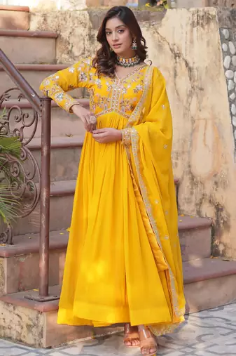 Yellow faux blooming embroidered anarkali set with dupatta