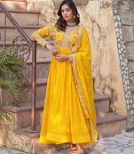 Yellow faux blooming embroidered anarkali set with dupatta