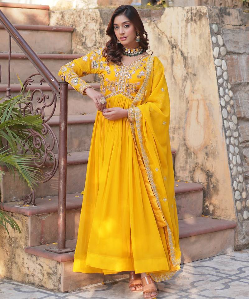 Yellow faux blooming embroidered anarkali set with dupatta