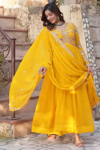 Yellow faux blooming embroidered anarkali set with dupatta