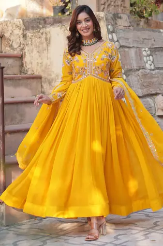 Yellow faux blooming embroidered anarkali set with dupatta