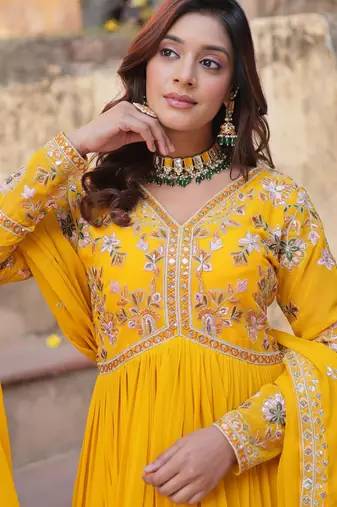 Yellow faux blooming embroidered anarkali set with dupatta