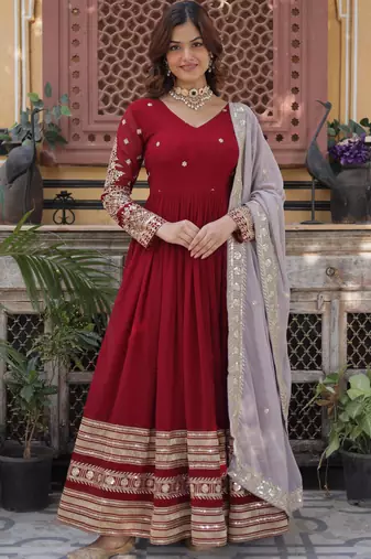 Maroon faux blooming embroidered anarkali set with dupatta