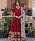 Maroon faux blooming embroidered anarkali set with dupatta