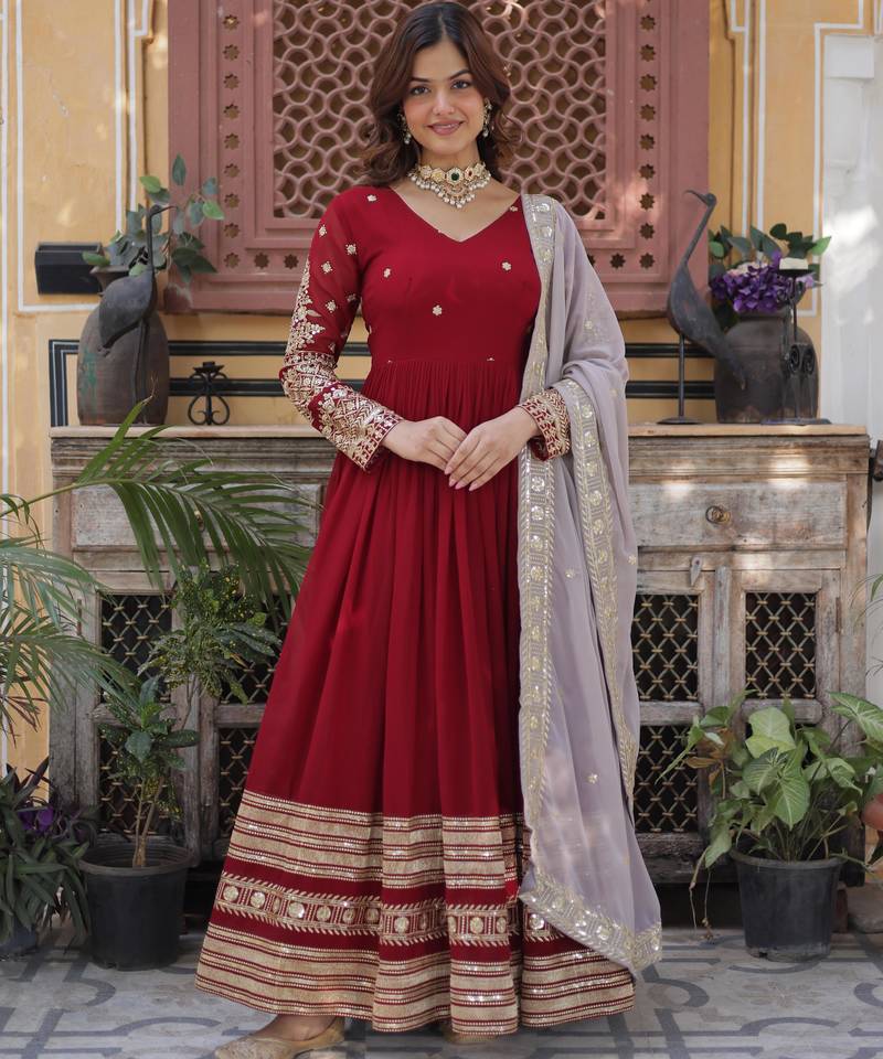 Maroon faux blooming embroidered anarkali set with dupatta