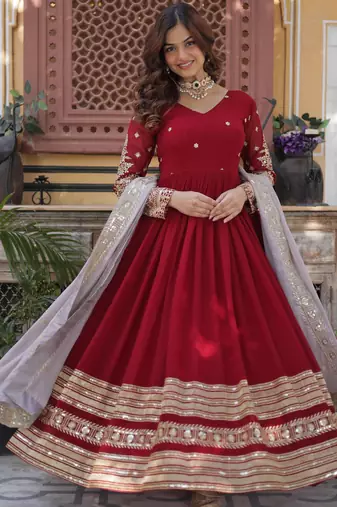 Maroon faux blooming embroidered anarkali set with dupatta