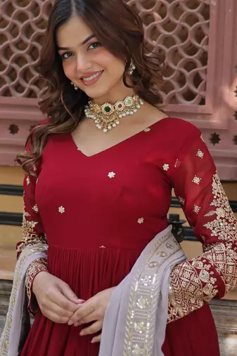 Maroon faux blooming embroidered anarkali set with dupatta