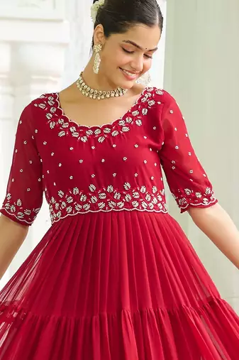 Maroon faux blooming beads embroidered designer anarkali set