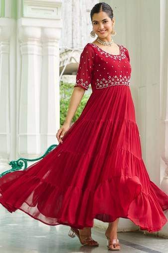 Maroon faux blooming beads embroidered designer anarkali set