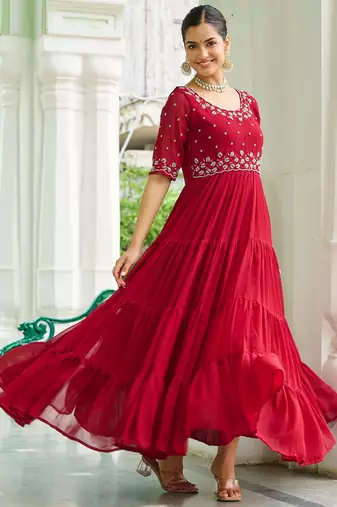 Maroon faux blooming beads embroidered designer anarkali set