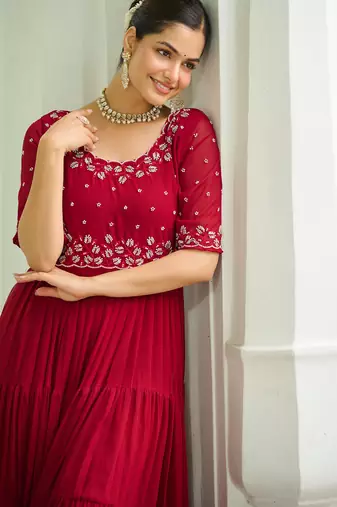 Maroon faux blooming beads embroidered designer anarkali set