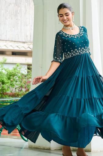 Teal faux blooming beads embroidered designer anarkali set
