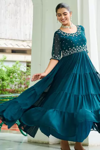Teal faux blooming beads embroidered designer anarkali set
