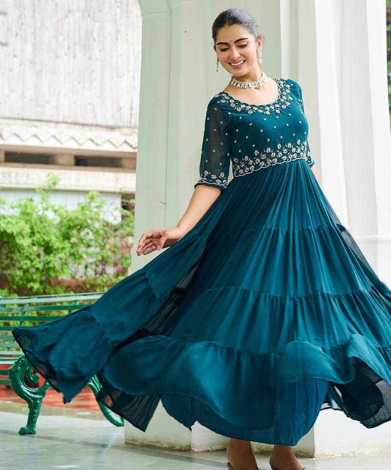 Teal faux blooming beads embroidered designer anarkali set