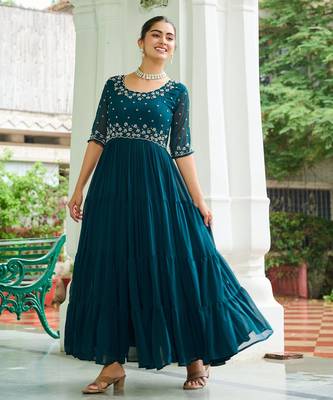 Teal faux blooming beads embroidered designer anarkali set 2