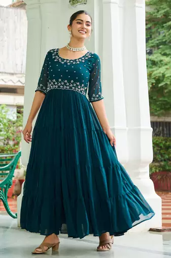 Teal faux blooming beads embroidered designer anarkali set