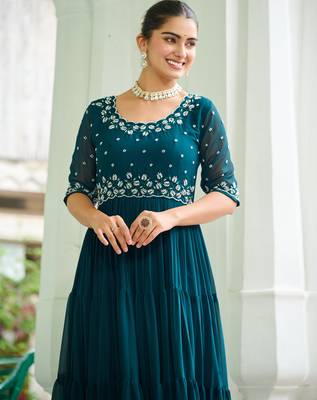 Teal faux blooming beads embroidered designer anarkali set 3