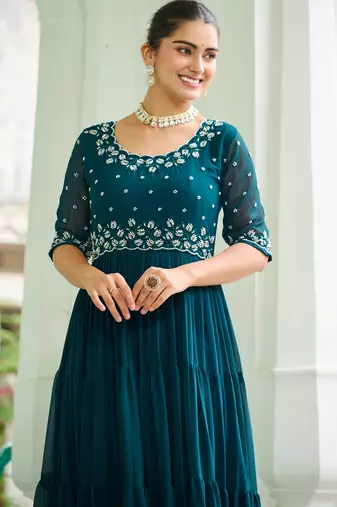Teal faux blooming beads embroidered designer anarkali set